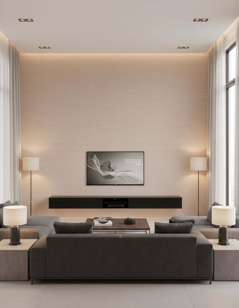 Maguey Linen Sisal Wallcovering Linen | Ralph Lauren - Living Room Visualization (AI-generated, may not be to scale. Verify pattern scale with product specifications.)