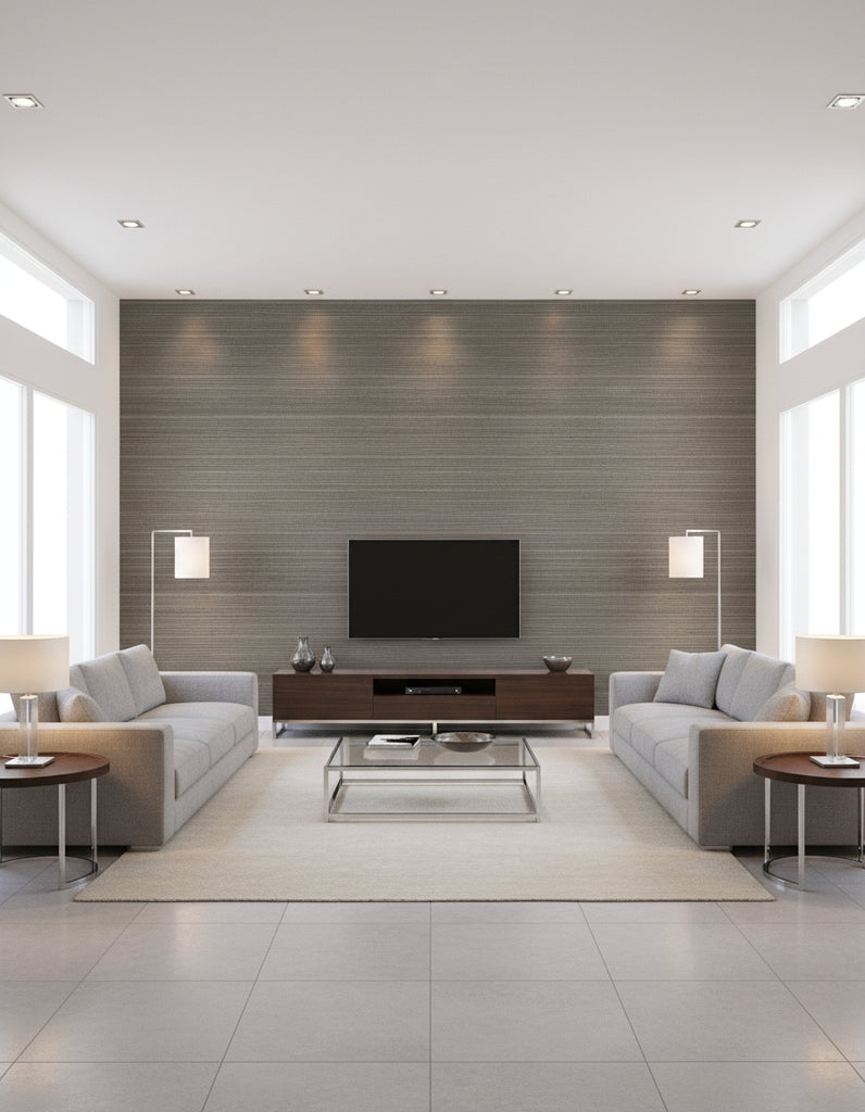Maguey Smoke Sisal Wallcovering Smoke | Ralph Lauren - Living Room Visualization (AI-generated, may not be to scale. Verify pattern scale with product specifications.)