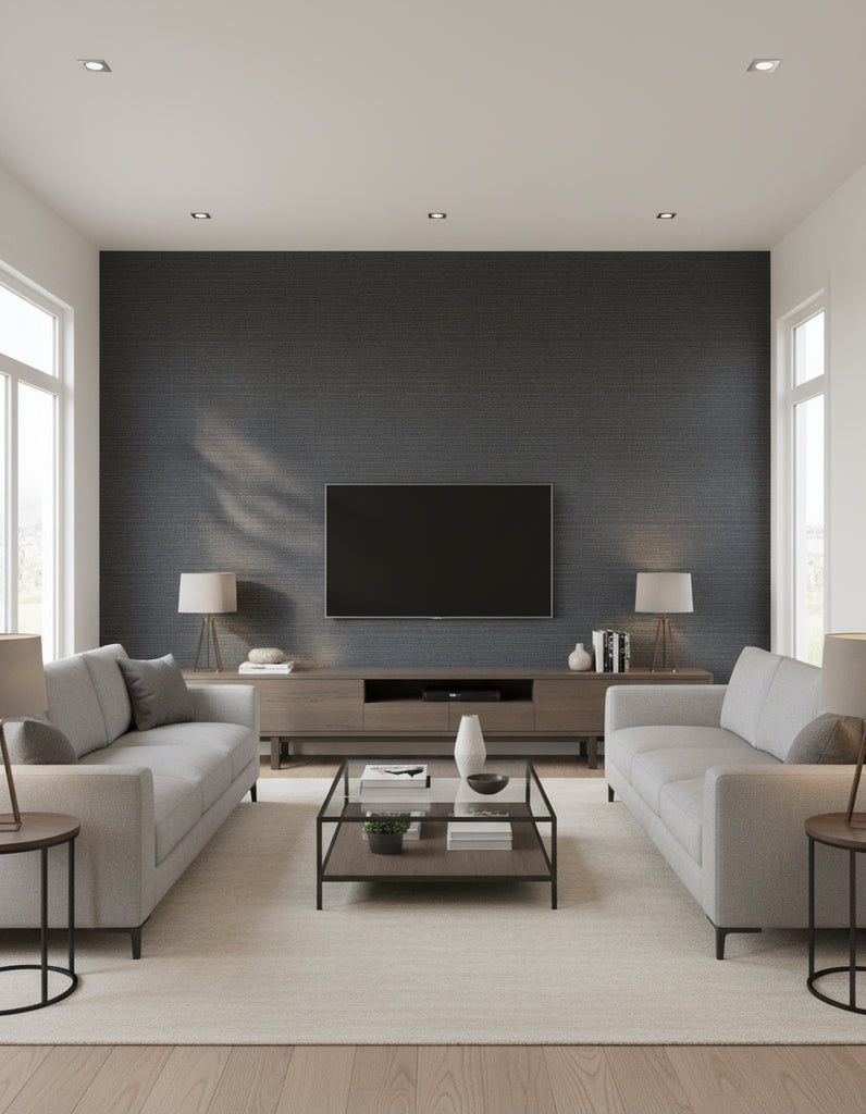 Maguey Gunmetal Sisal Wallcovering Gunmetal | Ralph Lauren - Living Room Visualization (AI-generated, may not be to scale. Verify pattern scale with product specifications.)