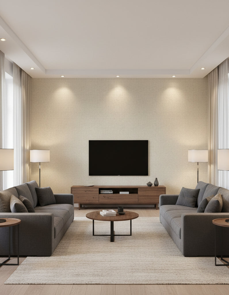 Maguey Oat Sisal Wallcovering Oat | Ralph Lauren - Living Room Visualization (AI-generated, may not be to scale. Verify pattern scale with product specifications.)
