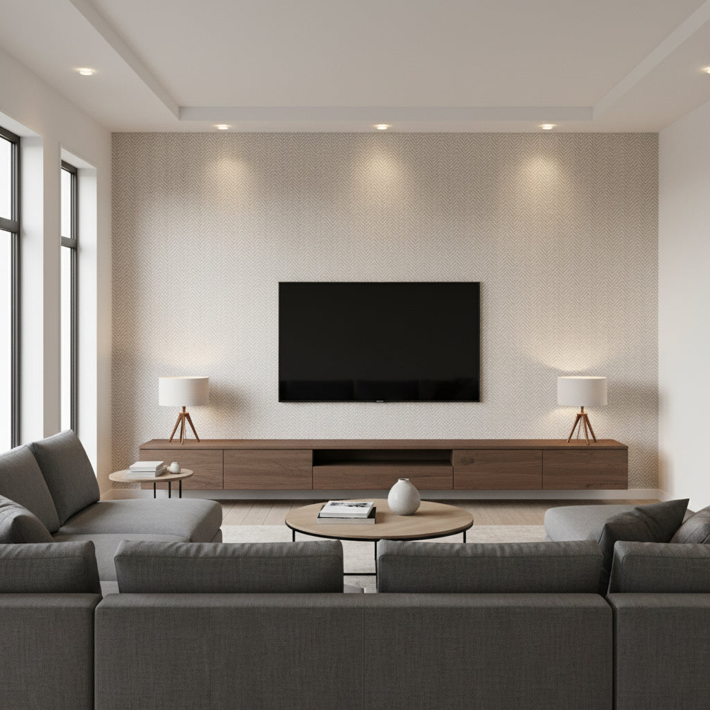 Tailored Weave Wallcovering Grey | Ralph Lauren - Living Room Visualization (AI-generated, may not be to scale. Verify pattern scale with product specifications.)