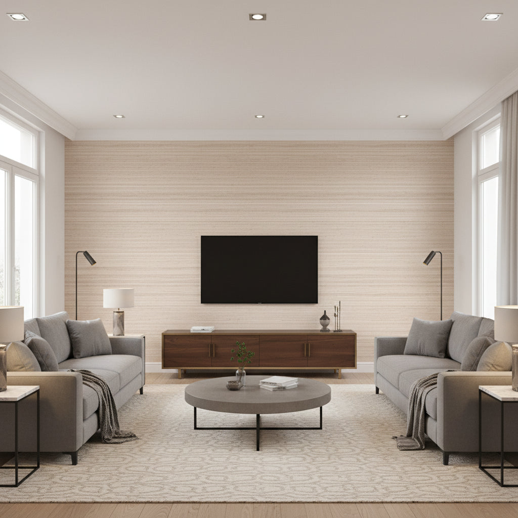 Marled Abaca Wallcovering White/Neutral | Ralph Lauren - Living Room Visualization (AI-generated, may not be to scale. Verify pattern scale with product specifications.)