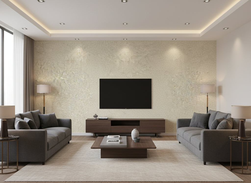 Terra Mica Wallcovering Oyster | Ralph Lauren - Living Room Visualization (AI-generated, may not be to scale. Verify pattern scale with product specifications.)