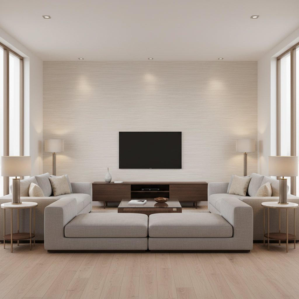 Horizon Paperweave Wallcovering Taupe | Ralph Lauren - Living Room Visualization (AI-generated, may not be to scale. Verify pattern scale with product specifications.)