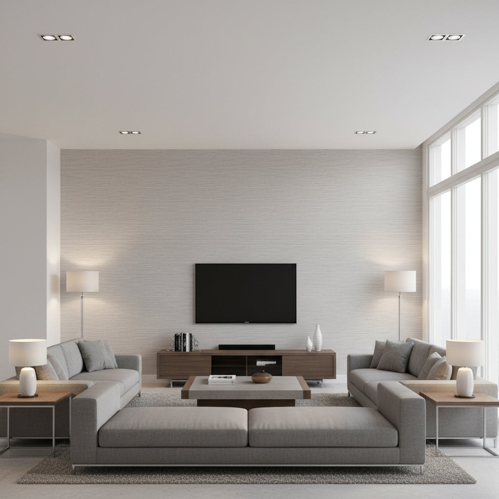 Horizon Paperweave Wallcovering Grey | Ralph Lauren - Living Room Visualization (AI-generated, may not be to scale. Verify pattern scale with product specifications.)