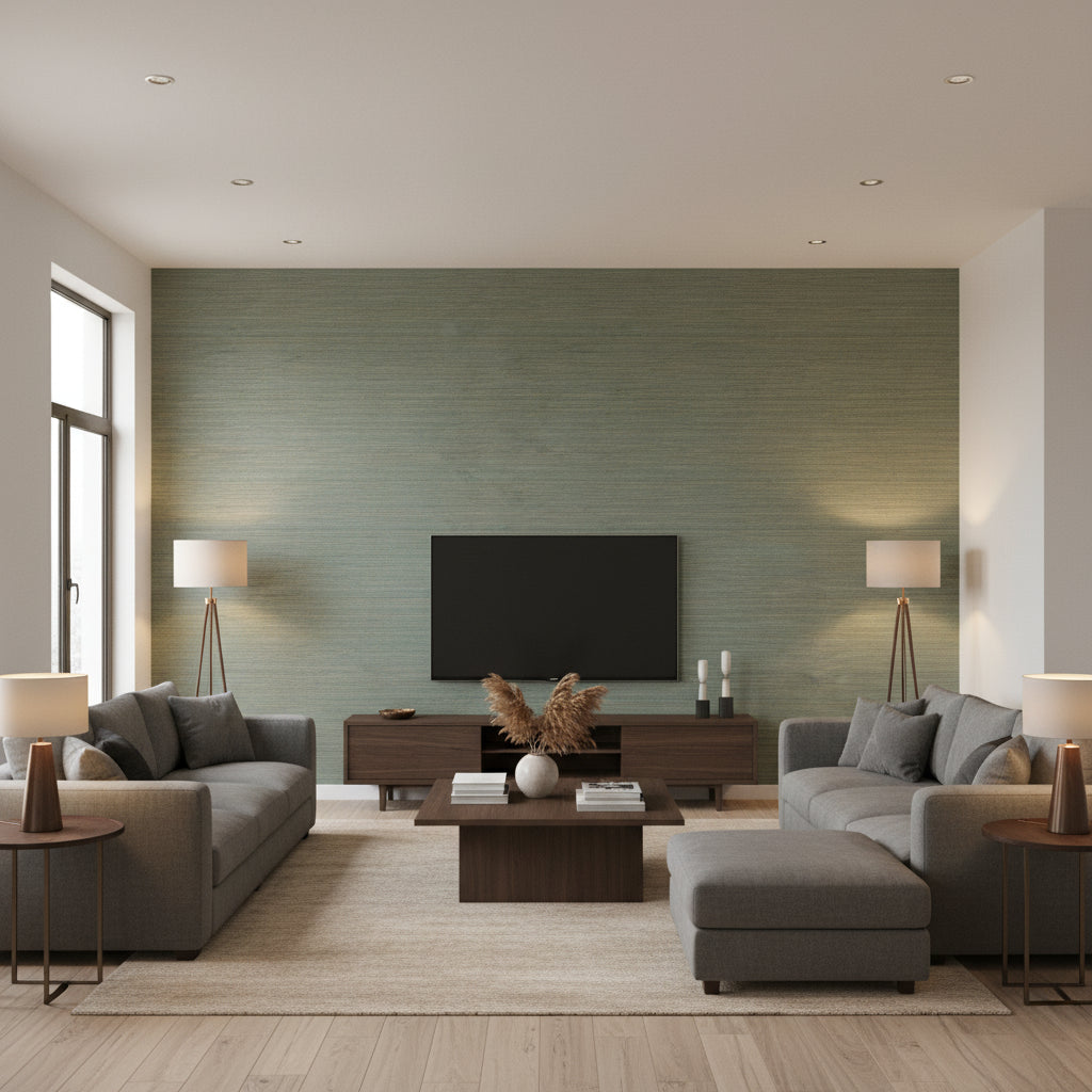 Knotted Grass Wallcovering Spruce | Ralph Lauren - Living Room Visualization (AI-generated, may not be to scale. Verify pattern scale with product specifications.)