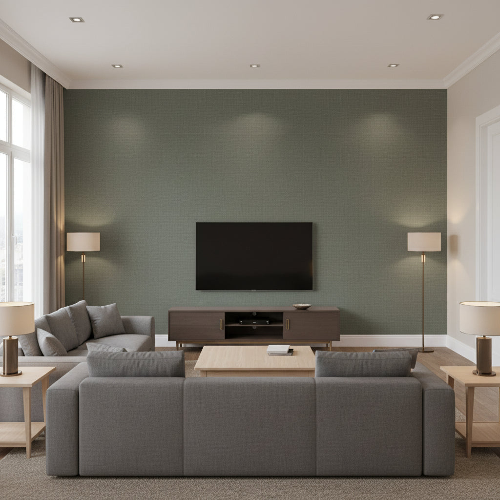 Wicker Work Wallcovering Evergreen | Ralph Lauren - Living Room Visualization (AI-generated, may not be to scale. Verify pattern scale with product specifications.)