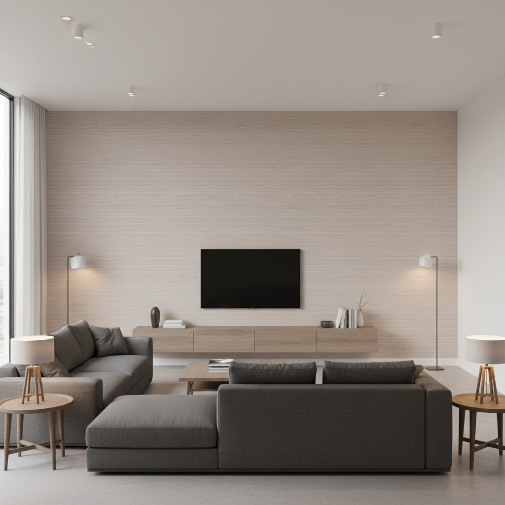 Delicate Abaca Wallcovering Slate | Ralph Lauren - Living Room Visualization (AI-generated, may not be to scale. Verify pattern scale with product specifications.)