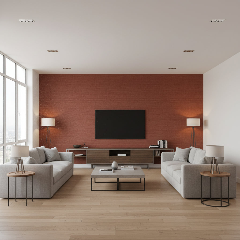 Haruki Sisal Grasscloth Wallcovering | Schumacher - Living Room Visualization (AI-generated, may not be to scale. Verify pattern scale with product specifications.)