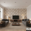 HatGlass Glamor - Glass Beaded Wallcovering - Living Room Visualization (AI-generated, may not be to scale. Verify pattern scale with product specifications.)