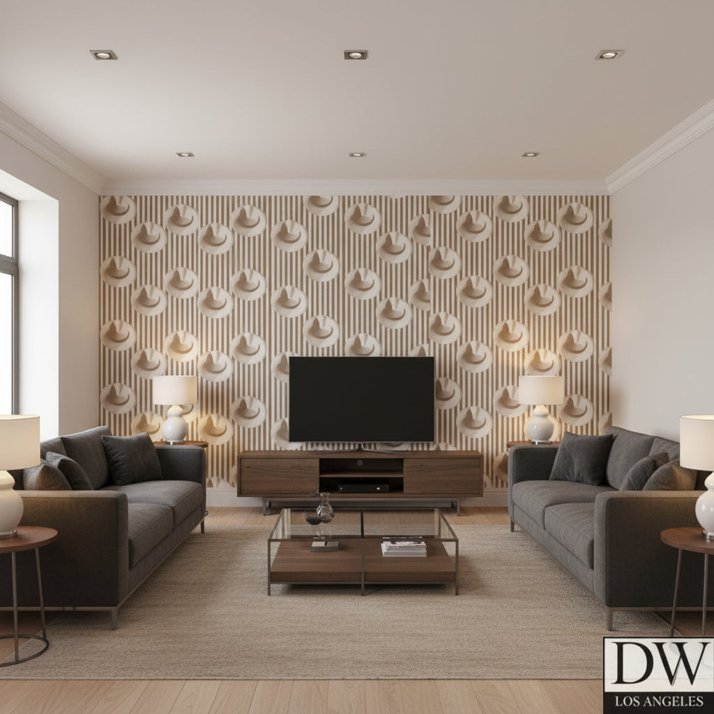 HatGlass Glamor - Glass Beaded Wallcovering - Living Room Visualization (AI-generated, may not be to scale. Verify pattern scale with product specifications.)