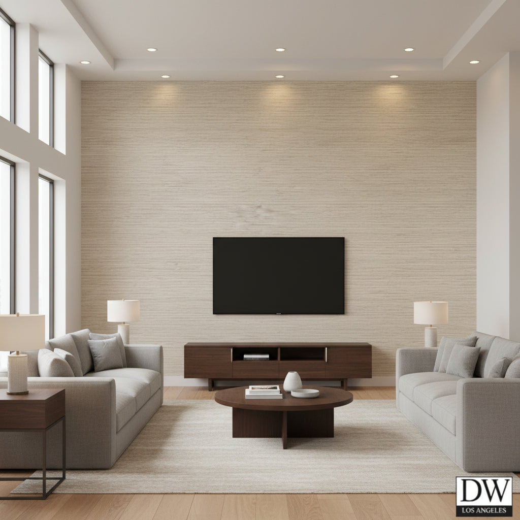 Henna Horizontal Faux Grasscloth | Jeffrey Stevens - Living Room Visualization (AI-generated, may not be to scale. Verify pattern scale with product specifications.)