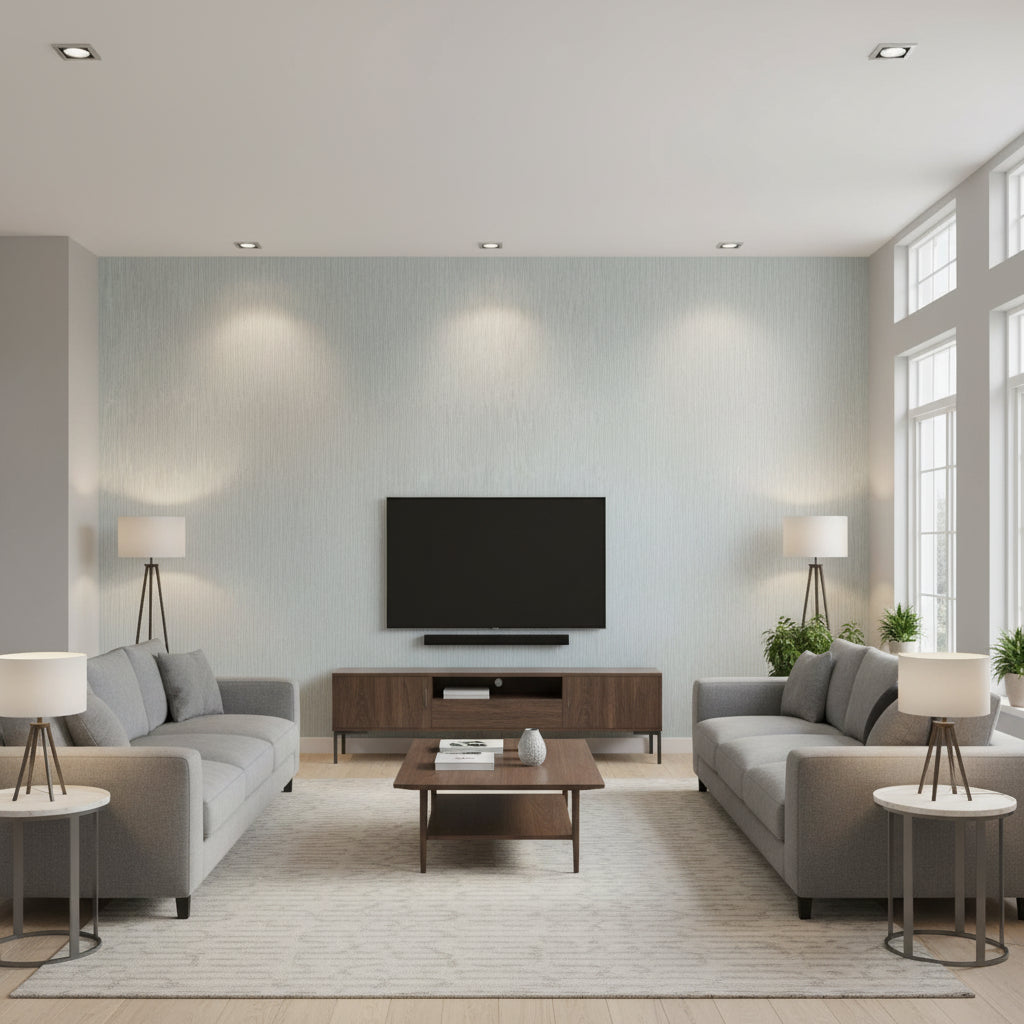 Feather Fletch Wallcovering Pale Blue | Ralph Lauren - Living Room Visualization (AI-generated, may not be to scale. Verify pattern scale with product specifications.)
