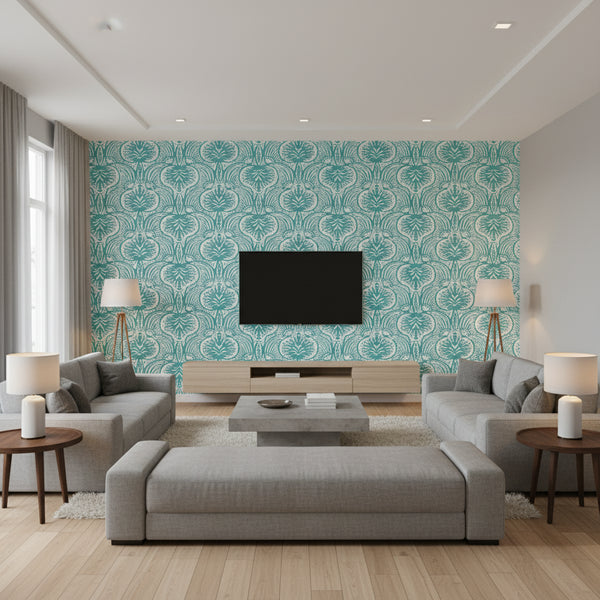 Lotus Palm Wallcovering - Aqua | Ronald Redding
