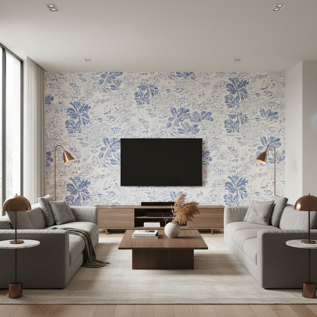 Homeport Novelty Marine |    Ralph Lauren - Living Room Visualization (AI-generated, may not be to scale. Verify pattern scale with product specifications.)