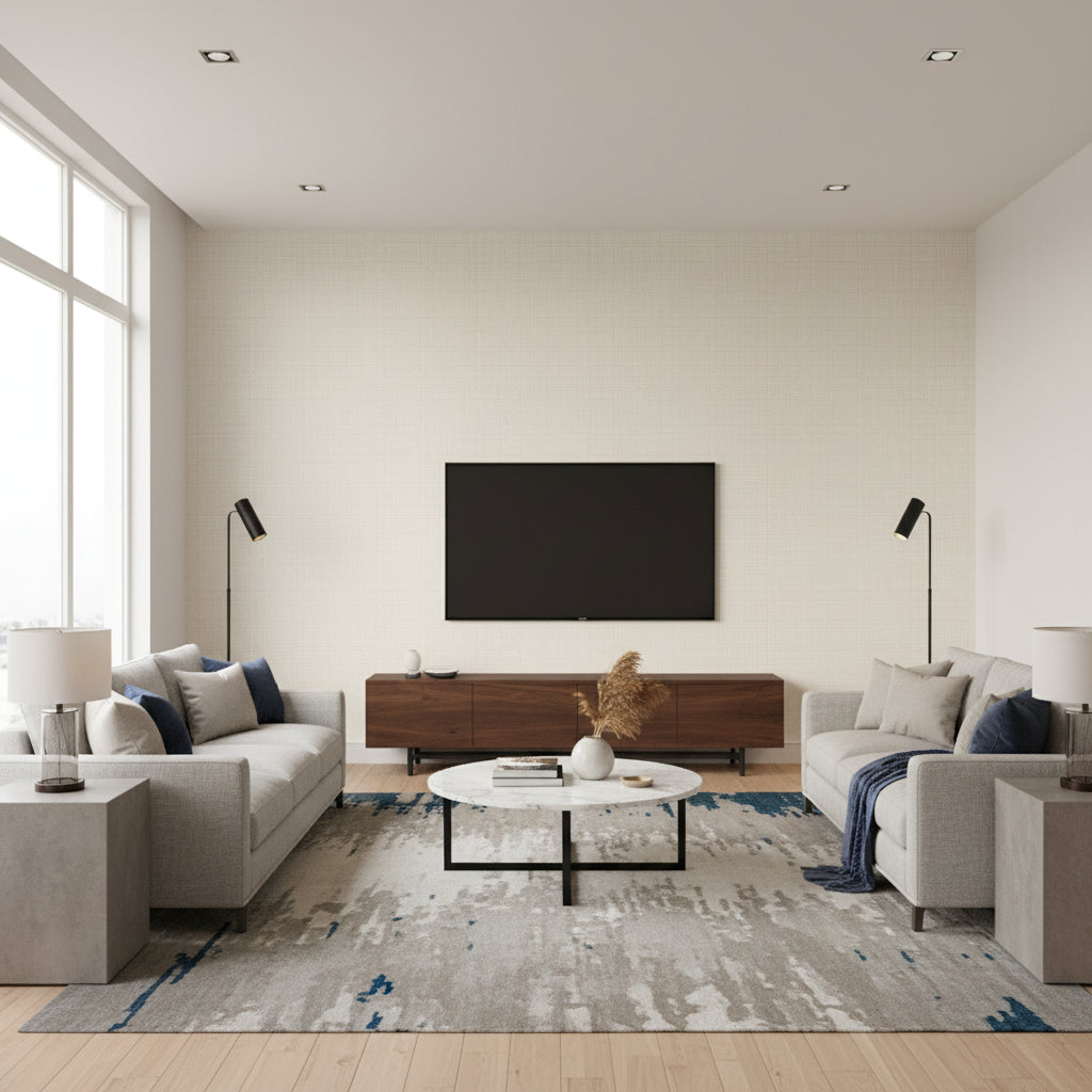 Adalyn Weave Cream | Architectural Wallcoverings - Living Room Visualization (AI-generated, may not be to scale. Verify pattern scale with product specifications.)