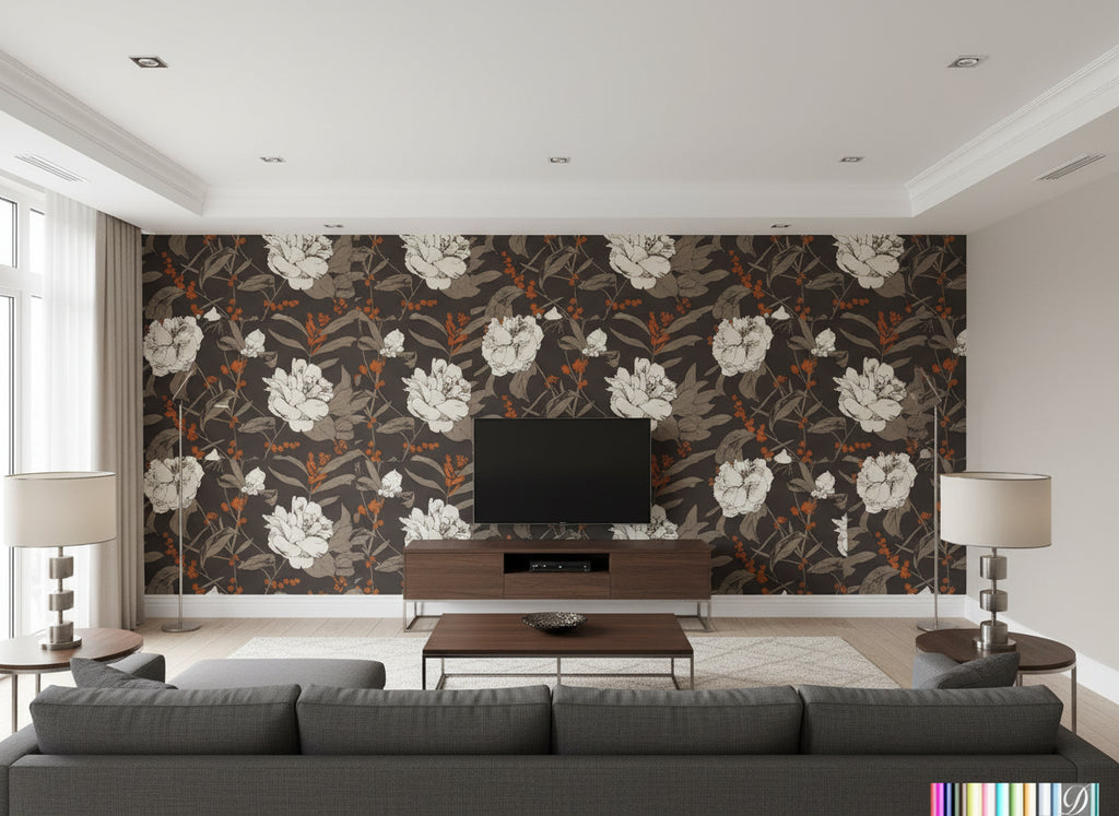 Infatuation with Flowers - Living Room Visualization (AI-generated, may not be to scale. Verify pattern scale with product specifications.)