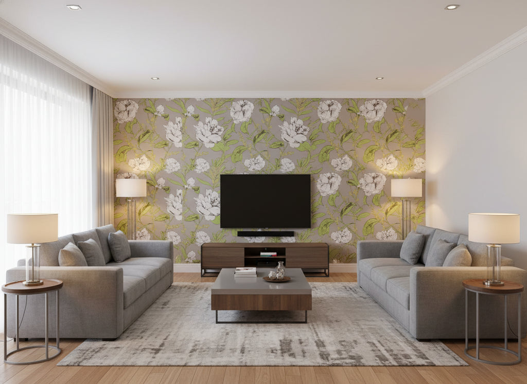 Infatuation with Flowers - Living Room Visualization (AI-generated, may not be to scale. Verify pattern scale with product specifications.)