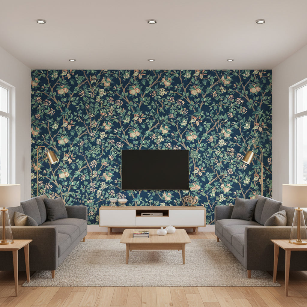 Ingrid Marie Navy | Schumacher Wallcoverings - Living Room Visualization (AI-generated, may not be to scale. Verify pattern scale with product specifications.)