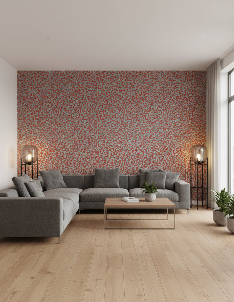 Java | Burnt Orange Wallpaper - Living Room Visualization (AI-generated, may not be to scale. Verify pattern scale with product specifications.)