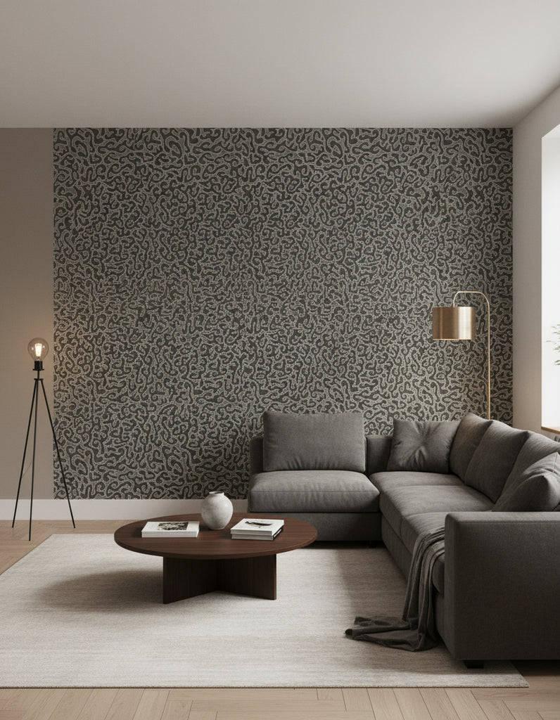 Java | Graphite Wallpaper - Living Room Visualization (AI-generated, may not be to scale. Verify pattern scale with product specifications.)