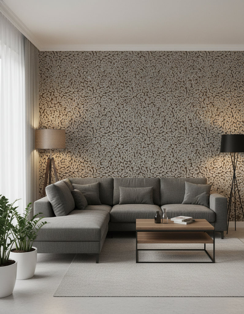 Java | Olive Wallpaper - Living Room Visualization (AI-generated, may not be to scale. Verify pattern scale with product specifications.)