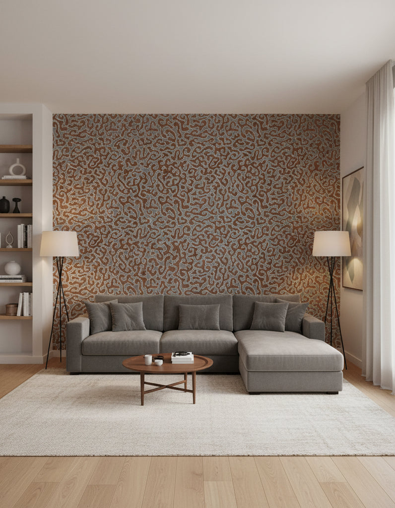Java | Rust Wallpaper - Living Room Visualization (AI-generated, may not be to scale. Verify pattern scale with product specifications.)