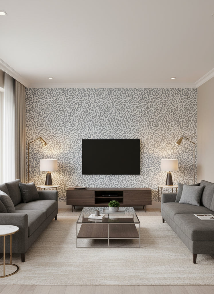 Java | Slate Blue Wallpaper - Living Room Visualization (AI-generated, may not be to scale. Verify pattern scale with product specifications.)