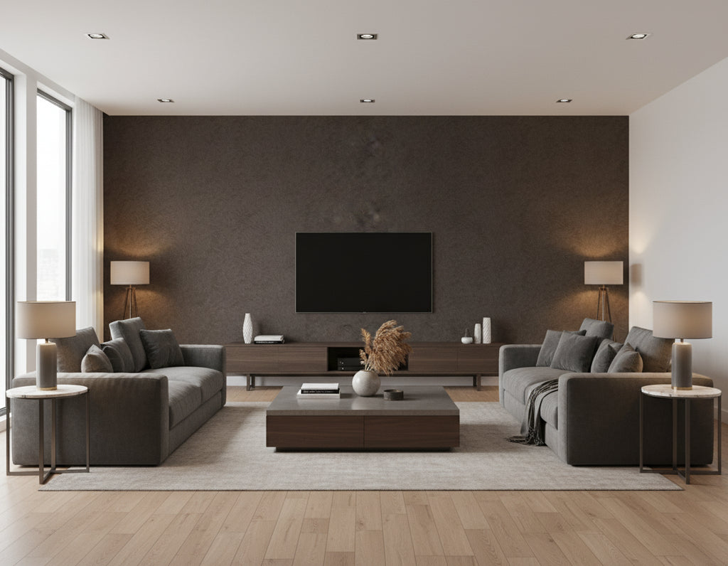Jewel Collection Momi Moonstone - Smoky Topaz | Maya Romanoff - Living Room Visualization (AI-generated, may not be to scale. Verify pattern scale with product specifications.)