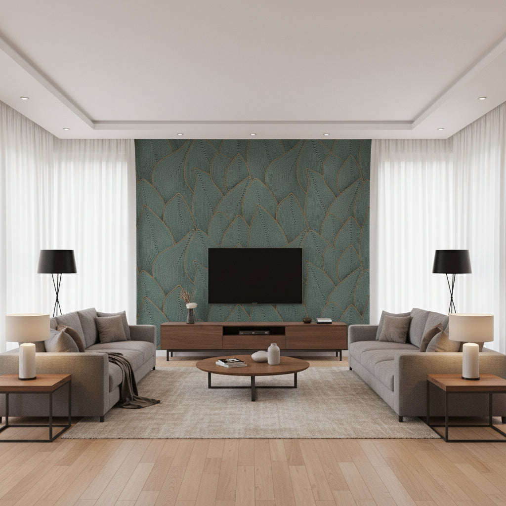 Jonchée Bonnes Ondes | Elitis - Living Room Visualization (AI-generated, may not be to scale. Verify pattern scale with product specifications.)