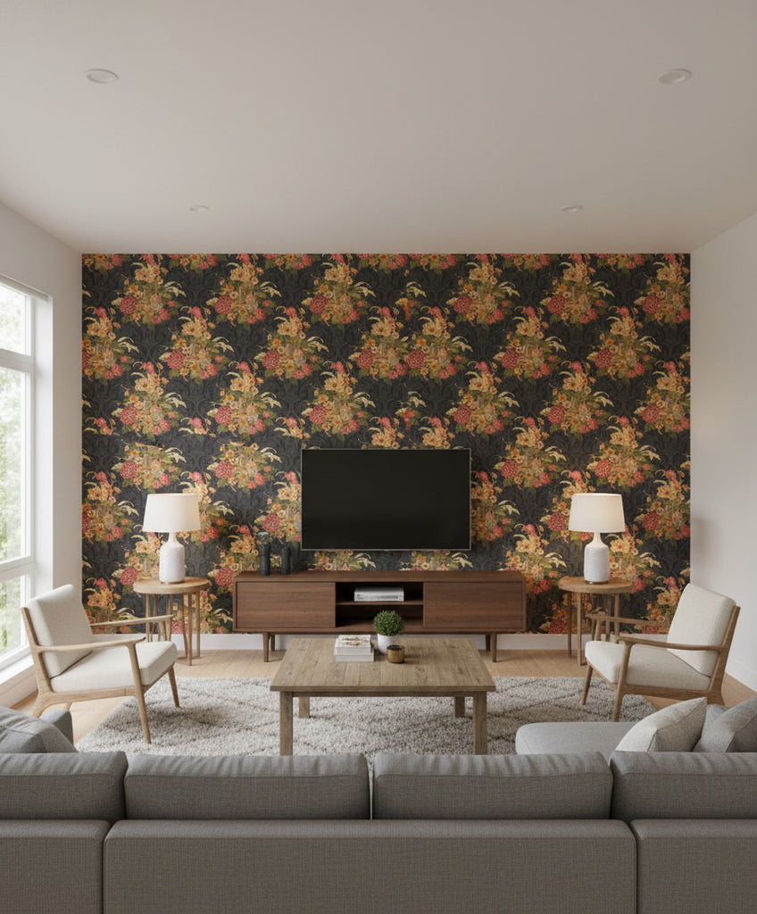 Kamome Island Japanese Floral Damask | Architectural Wallcoverings - Living Room Visualization (AI-generated, may not be to scale. Verify pattern scale with product specifications.)