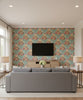 Kamome Island Japanese Floral Damask | Architectural Wallcoverings - Living Room Visualization (AI-generated, may not be to scale. Verify pattern scale with product specifications.)