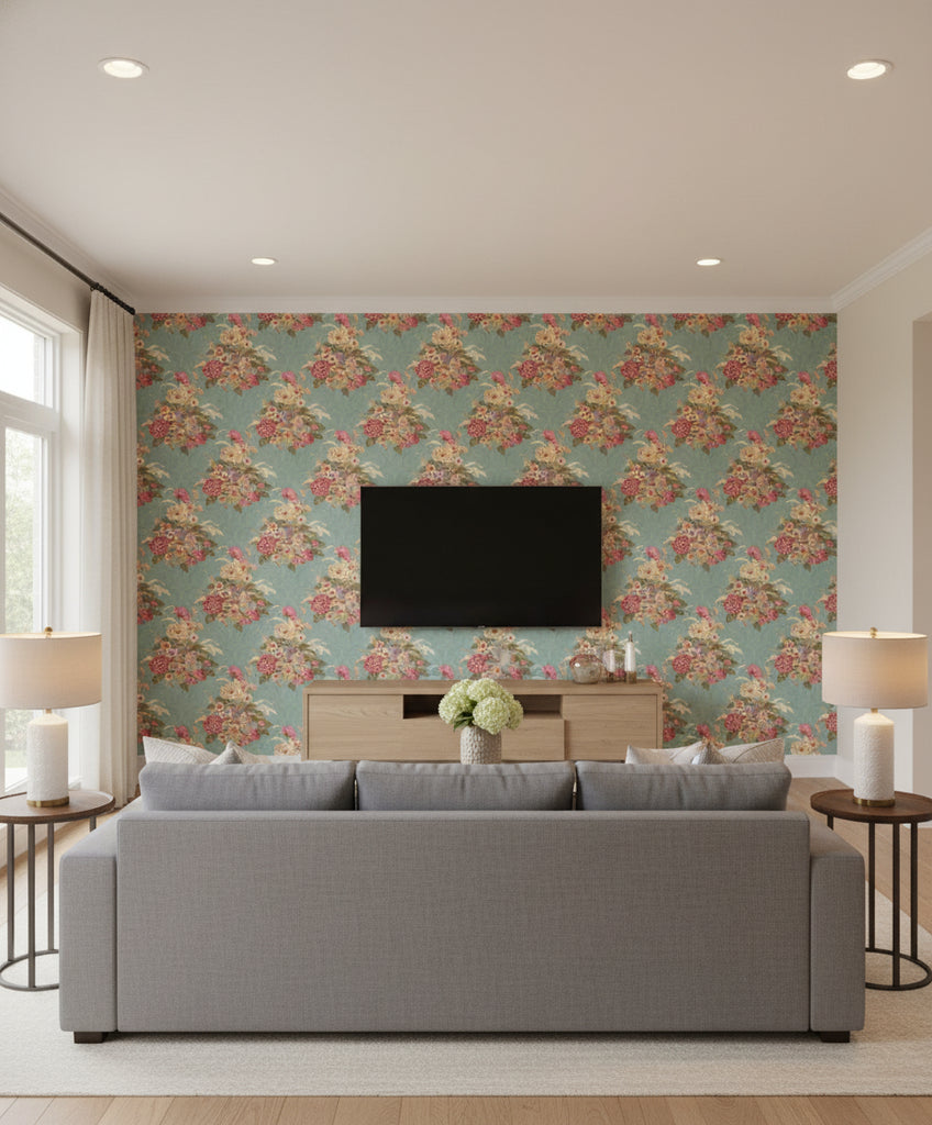 Kamome Island Japanese Floral Damask | Architectural Wallcoverings - Living Room Visualization (AI-generated, may not be to scale. Verify pattern scale with product specifications.)