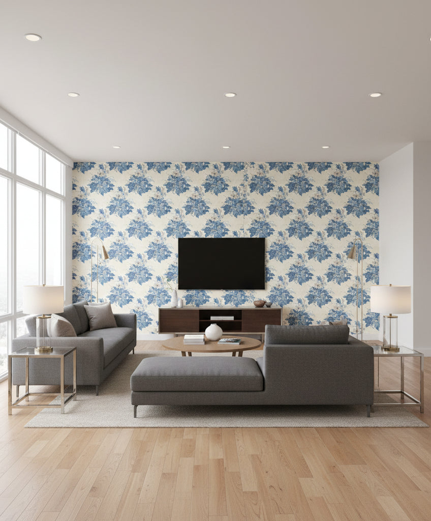Kamome Island Japanese Floral Damask | Architectural Wallcoverings - Living Room Visualization (AI-generated, may not be to scale. Verify pattern scale with product specifications.)
