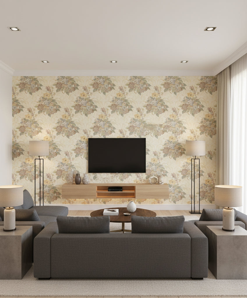 Kamome Island Japanese Floral Damask | Architectural Wallcoverings - Living Room Visualization (AI-generated, may not be to scale. Verify pattern scale with product specifications.)