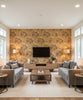 Kamome Island Japanese Floral Damask | Architectural Wallcoverings - Living Room Visualization (AI-generated, may not be to scale. Verify pattern scale with product specifications.)