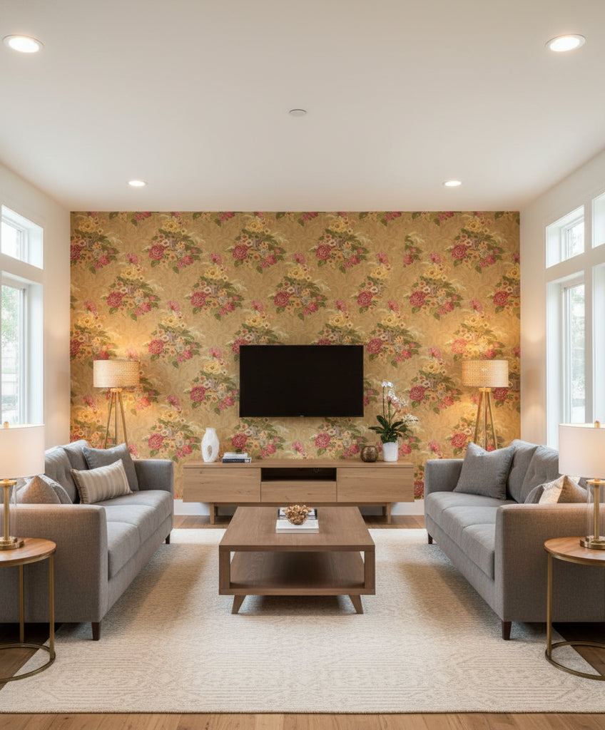 Kamome Island Japanese Floral Damask | Architectural Wallcoverings - Living Room Visualization (AI-generated, may not be to scale. Verify pattern scale with product specifications.)
