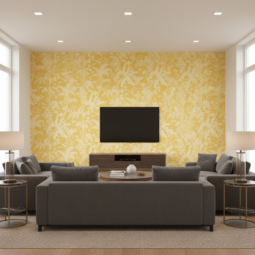 Kia Island Palm Shadow | Jeffrey Stevens - Living Room Visualization (AI-generated, may not be to scale. Verify pattern scale with product specifications.)