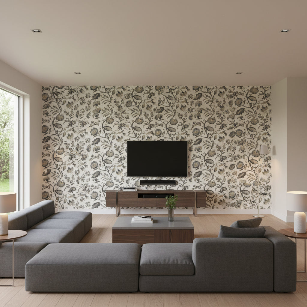 Kingston Watercolor Jacobean | Jeffrey Stevens - Living Room Visualization (AI-generated, may not be to scale. Verify pattern scale with product specifications.)