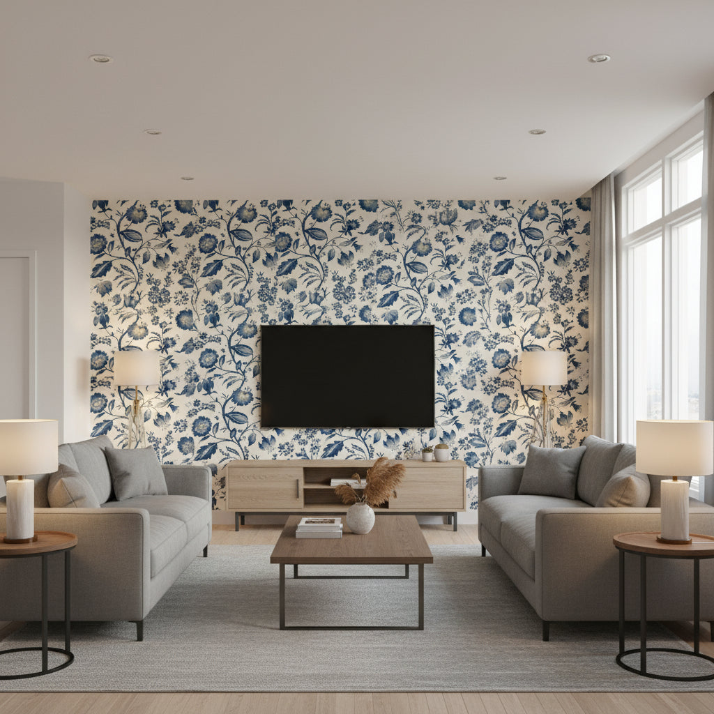Kingston Watercolor Jacobean | Jeffrey Stevens - Living Room Visualization (AI-generated, may not be to scale. Verify pattern scale with product specifications.)