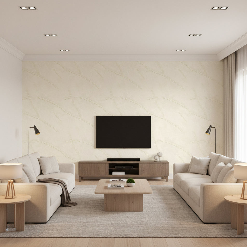 Kintsugi État De Grâce | Elitis - Living Room Visualization (AI-generated, may not be to scale. Verify pattern scale with product specifications.)