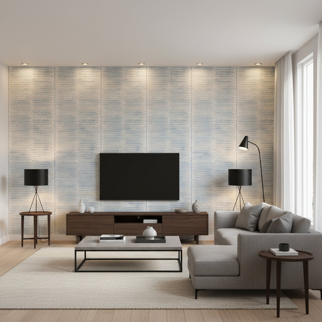 Ko Island Printed Horizontal | Architectural Wallcoverings - Living Room Visualization (AI-generated, may not be to scale. Verify pattern scale with product specifications.)