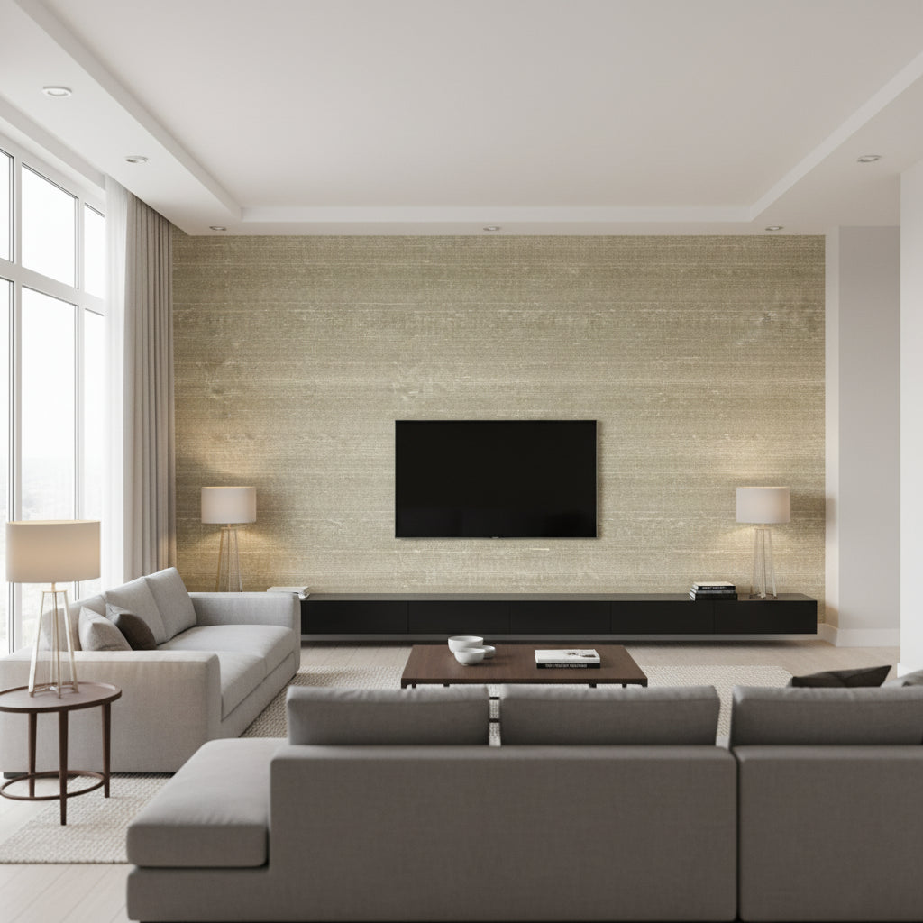 Kosa Silk En Toute Discrétion | Elitis - Living Room Visualization (AI-generated, may not be to scale. Verify pattern scale with product specifications.)