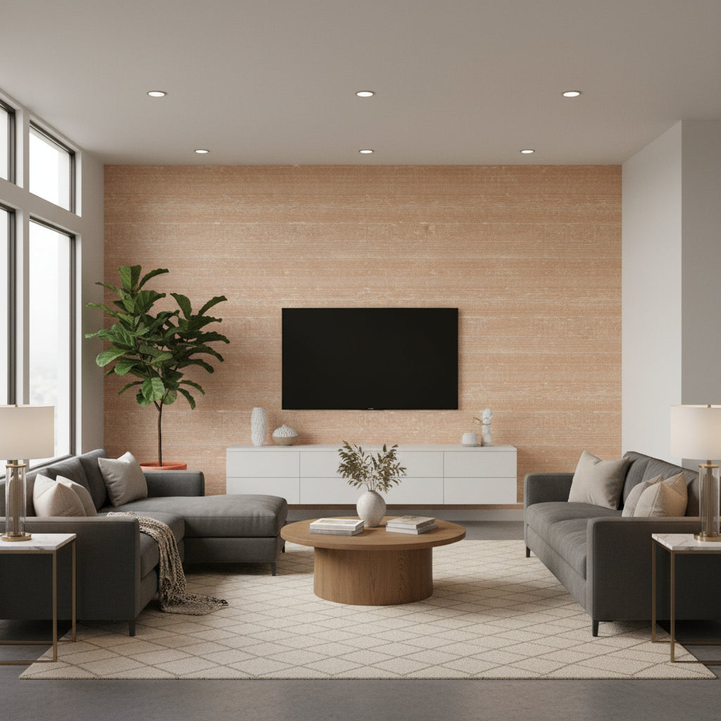 Kosa Silk Rose Sauvage | Elitis - Living Room Visualization (AI-generated, may not be to scale. Verify pattern scale with product specifications.)