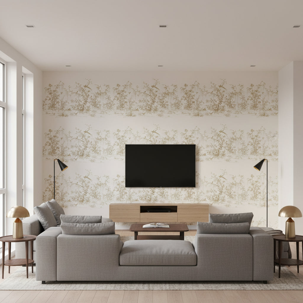 Flowering Vine Chinoiserie Mural White | Ralph Lauren - Living Room Visualization (AI-generated, may not be to scale. Verify pattern scale with product specifications.)
