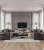 Lacrosse Coffered Wood Panel Wallcovering - Grey - Living Room Visualization (AI-generated, may not be to scale. Verify pattern scale with product specifications.)
