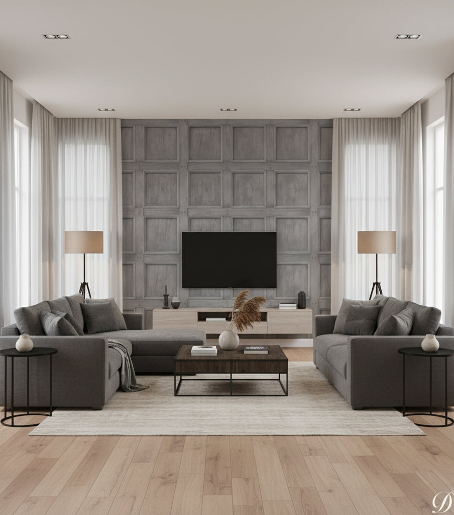 Lacrosse Coffered Wood Panel Wallcovering - Grey - Living Room Visualization (AI-generated, may not be to scale. Verify pattern scale with product specifications.)