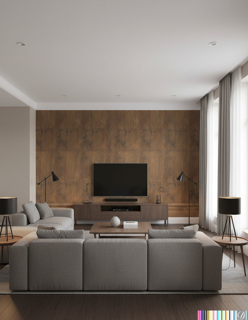 Lacrosse Coffered Wood Panel Wallcovering - Light Oak - Living Room Visualization (AI-generated, may not be to scale. Verify pattern scale with product specifications.)
