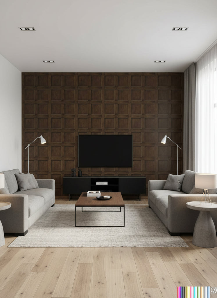 Lacrosse Coffered Wood Panel Wallcovering - Oak - Living Room Visualization (AI-generated, may not be to scale. Verify pattern scale with product specifications.)