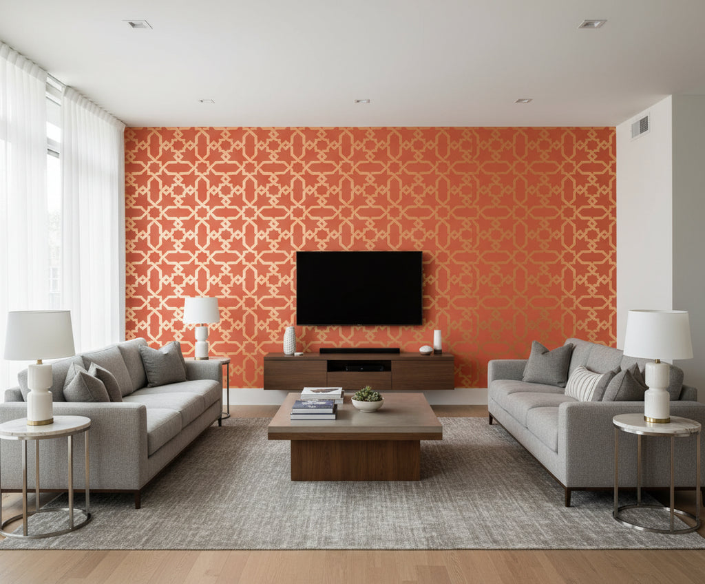 Lawson Bay Lattice Trellis - Spice Orange - Living Room Visualization (AI-generated, may not be to scale. Verify pattern scale with product specifications.)